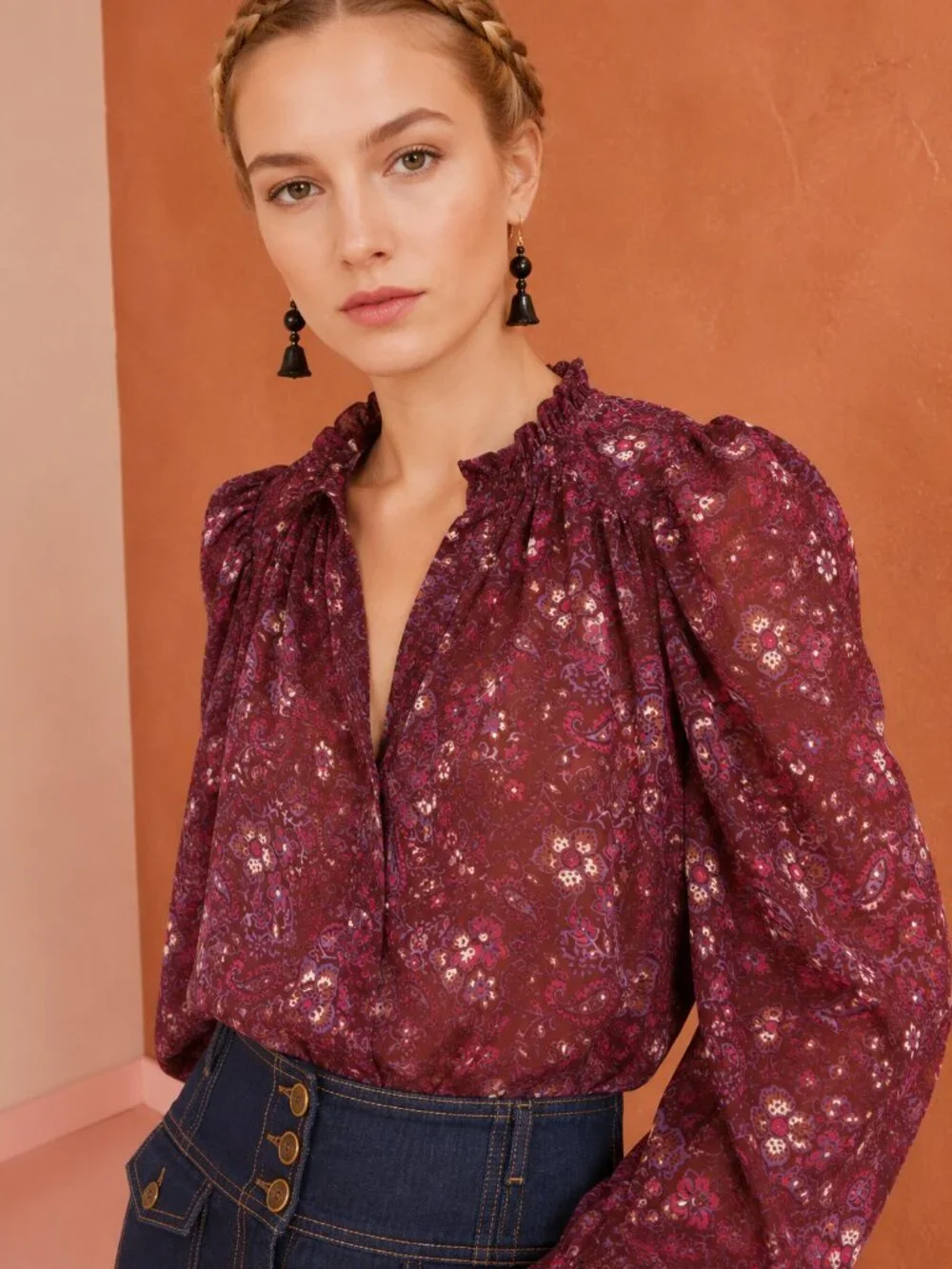 Ulla Johnson Renly Blouse Sumac Floral Paisley 100% Silk Sz 0 Ruffle Puff Sleeve